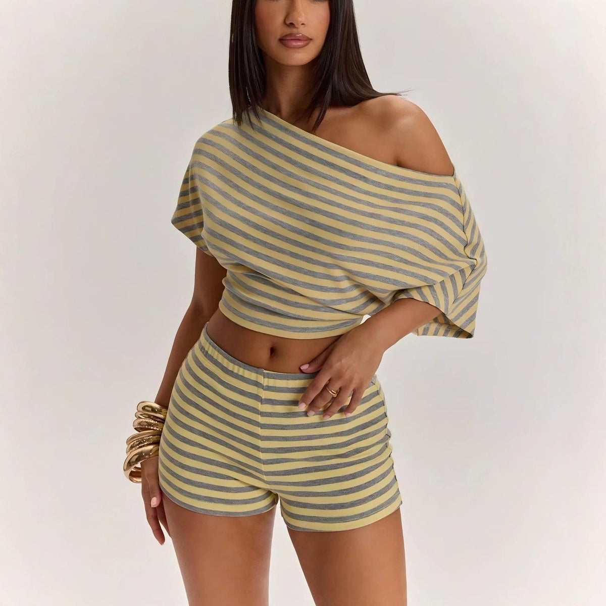 Dropped-shoulder Short-sleeve T-shirt And High-waisted Shorts Set