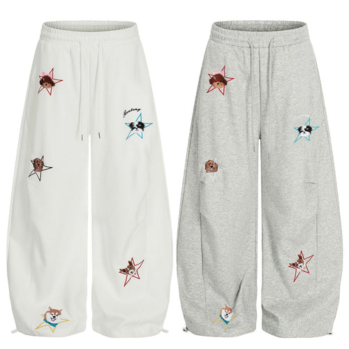 High-Stretch Cartoon Embroidered Wide-Leg Sweatpants