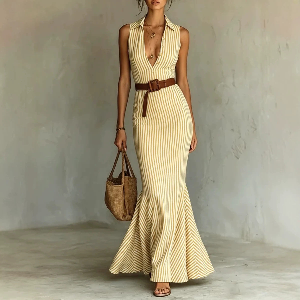 Striped Sleeveless A-Line Maxi Dress