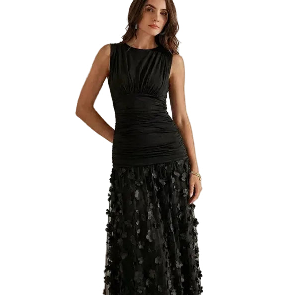 Black Ruched Bodice Textured Floral Maxi Dress