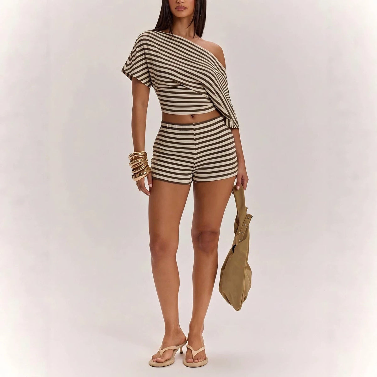 Dropped-shoulder Short-sleeve T-shirt And High-waisted Shorts Set