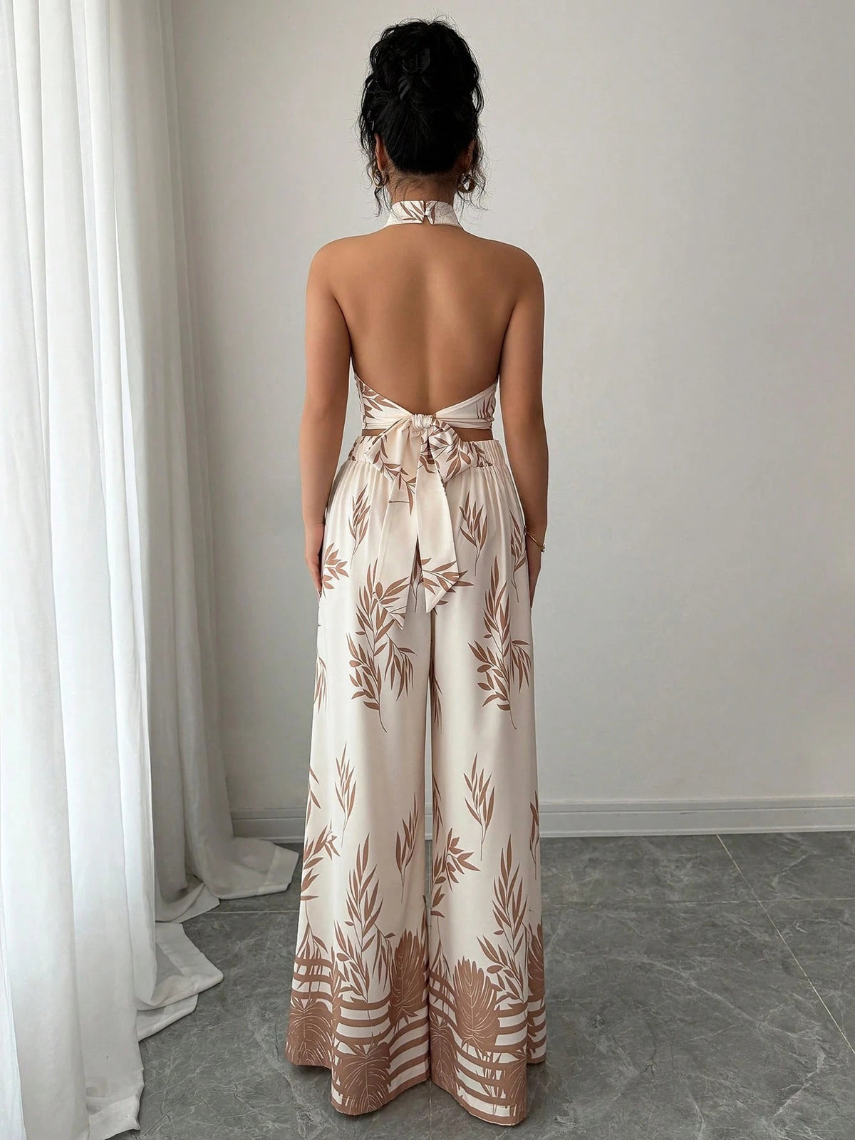 Botanical Print Halter Crop Top and Wide-Leg Pants Set