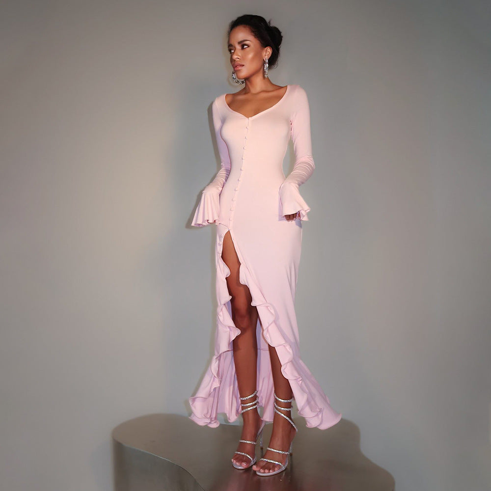 Flared Sleeve Side Slit Bodycon Maxi Dress