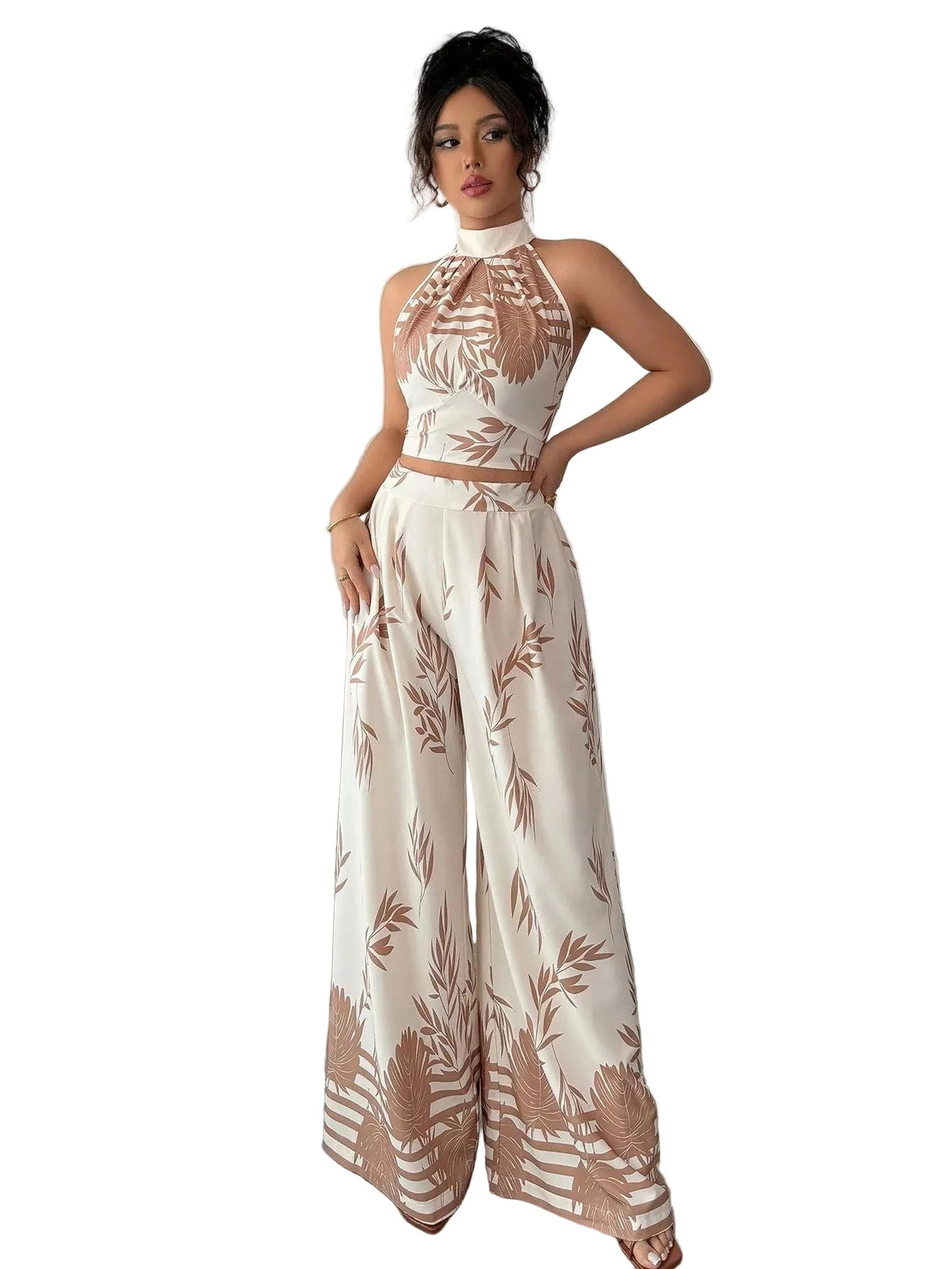 Botanical Print Halter Crop Top and Wide-Leg Pants Set