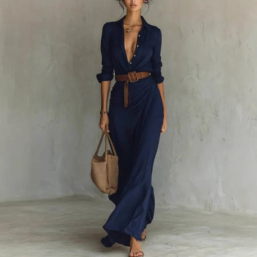 Deep V Shirt-Collar Ruched Maxi Dress