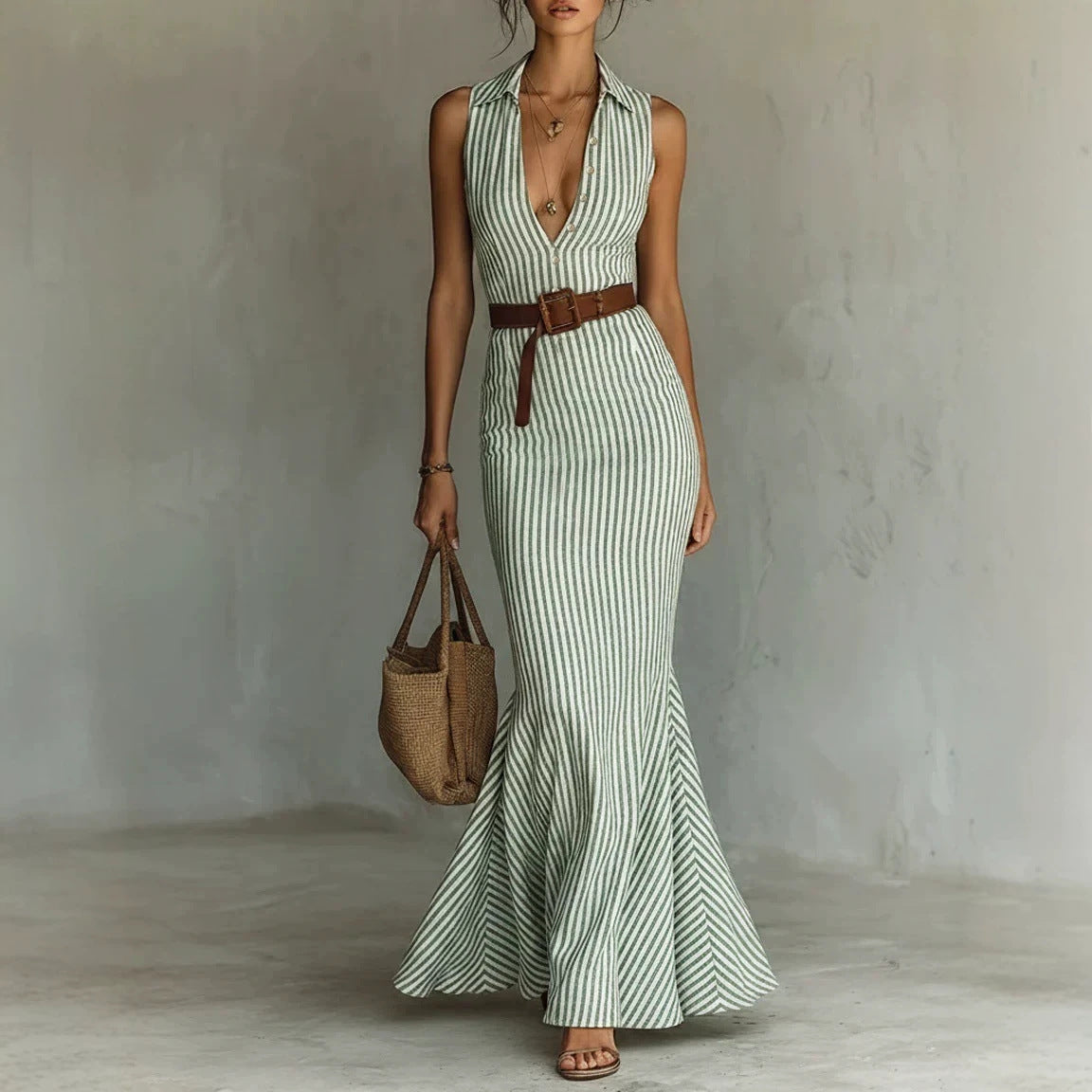 Striped Sleeveless A-Line Maxi Dress