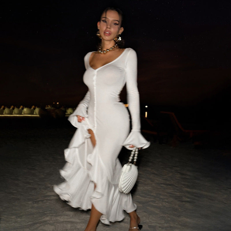 Flared Sleeve Side Slit Bodycon Maxi Dress