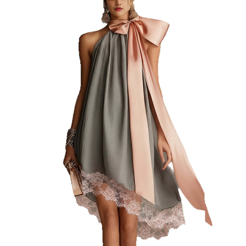 Pleated Halter Mini Dress with Lace Hem and Bow Scarf