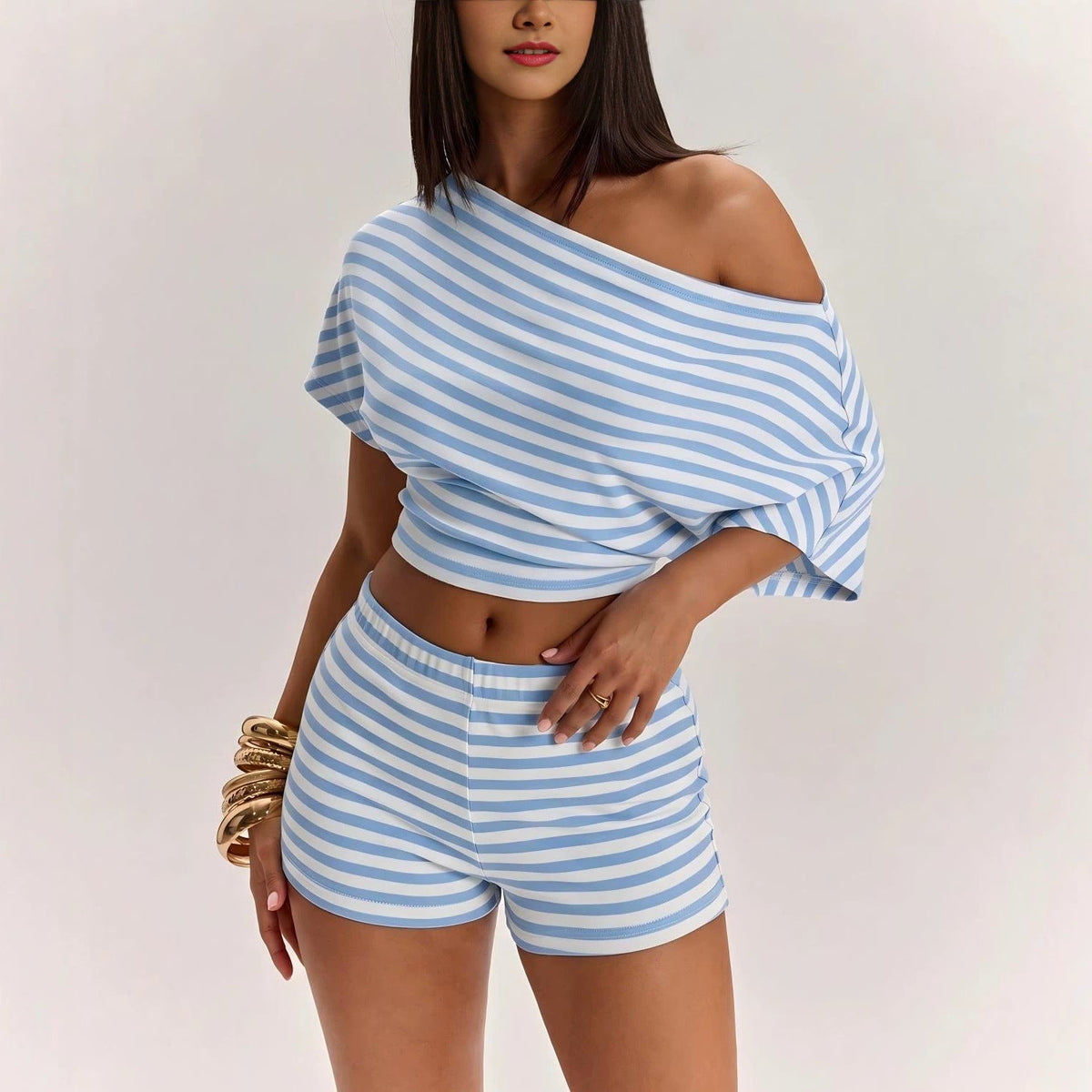 Dropped-shoulder Short-sleeve T-shirt And High-waisted Shorts Set