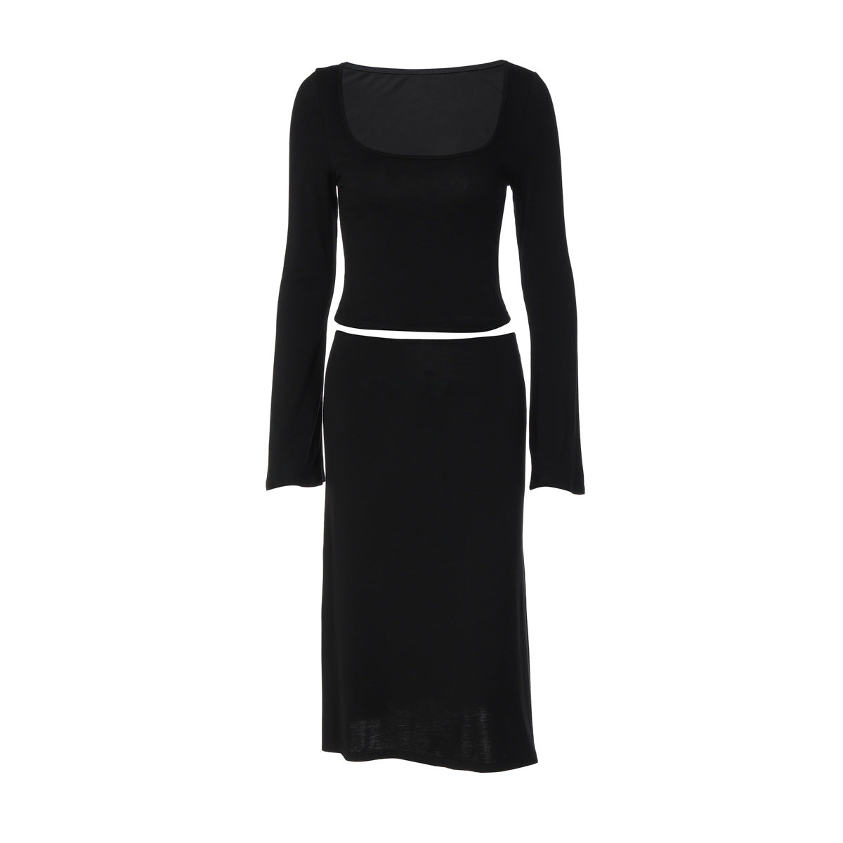 Fashionable U-neck Long-sleeve Top And Skirt Set