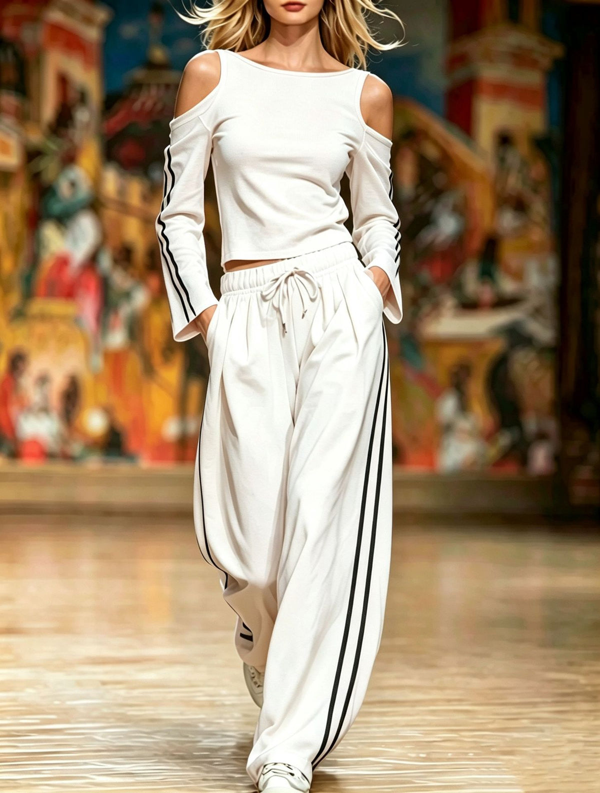 Women's Loose-fit Off-shoulder Striped Sportswear Set