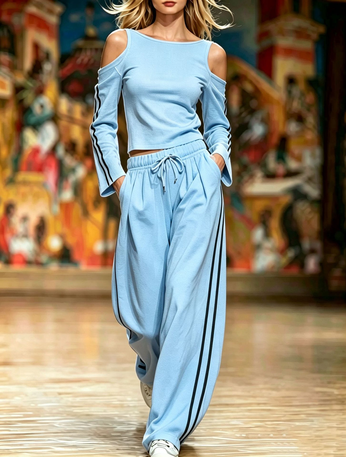 Women's Loose-fit Off-shoulder Striped Sportswear Set